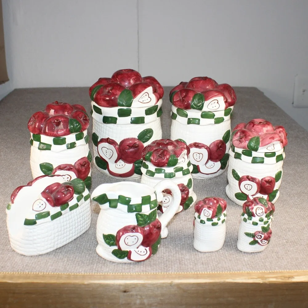 Vintage 9pc Ceramic Apple Canister Set Basketweave Napkin Holder Shakers Creamer